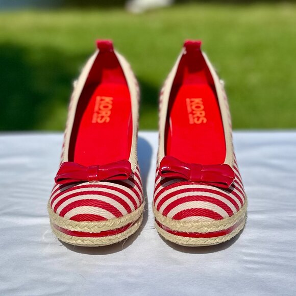 NEW KORS Michael Kors Tomato Red Bow Striped Straw Espadrille Wedge Size 7.5 - Picture 2 of 13